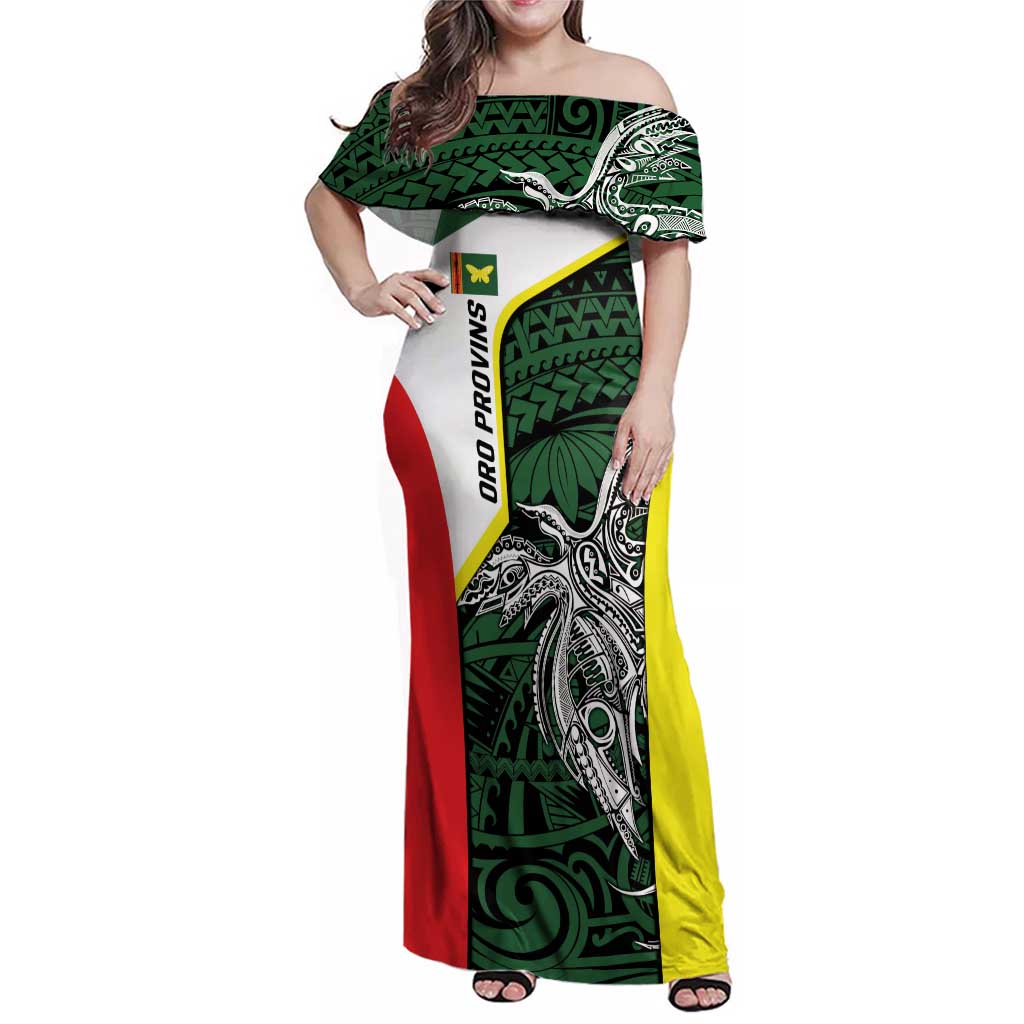 Personalised PNG Oro Province Family Matching Off Shoulder Maxi Dress and Hawaiian Shirt Bird of Paradise Tattoo Flag Motif - Polynesian Pride