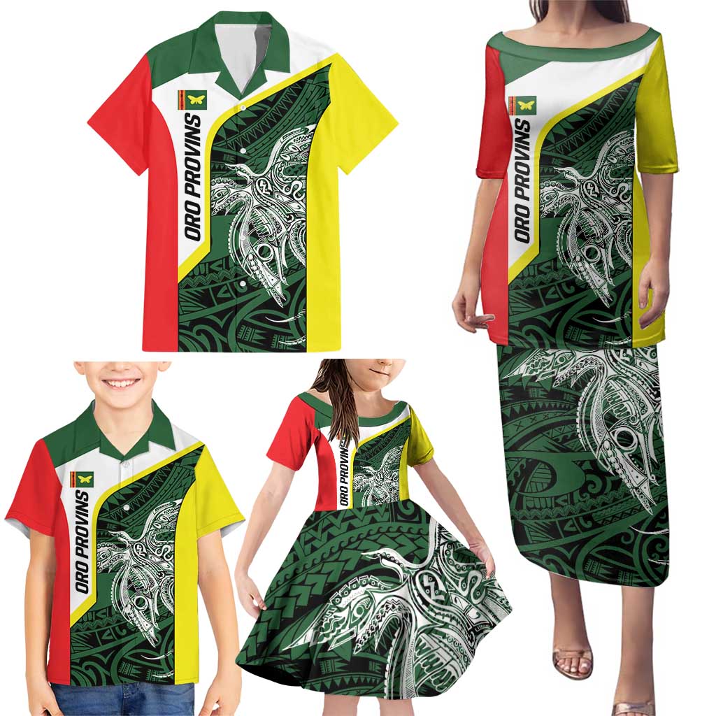 Personalised PNG Oro Province Family Matching Puletasi and Hawaiian Shirt Bird of Paradise Tattoo Flag Motif - Polynesian Pride
