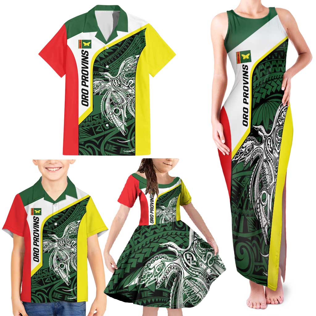 Personalised PNG Oro Province Family Matching Tank Maxi Dress and Hawaiian Shirt Bird of Paradise Tattoo Flag Motif - Polynesian Pride