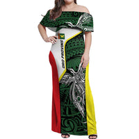 Personalised PNG Oro Province Off Shoulder Maxi Dress Bird of Paradise Tattoo Flag Motif - Polynesian Pride