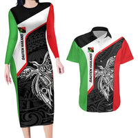 Personalised PNG Southern Highlands Province Couples Matching Long Sleeve Bodycon Dress and Hawaiian Shirt Bird of Paradise Tattoo Flag Motif - Polynesian Pride