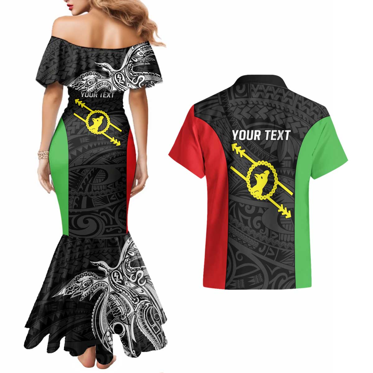 Personalised PNG Southern Highlands Province Couples Matching Mermaid Dress and Hawaiian Shirt Bird of Paradise Tattoo Flag Motif - Polynesian Pride
