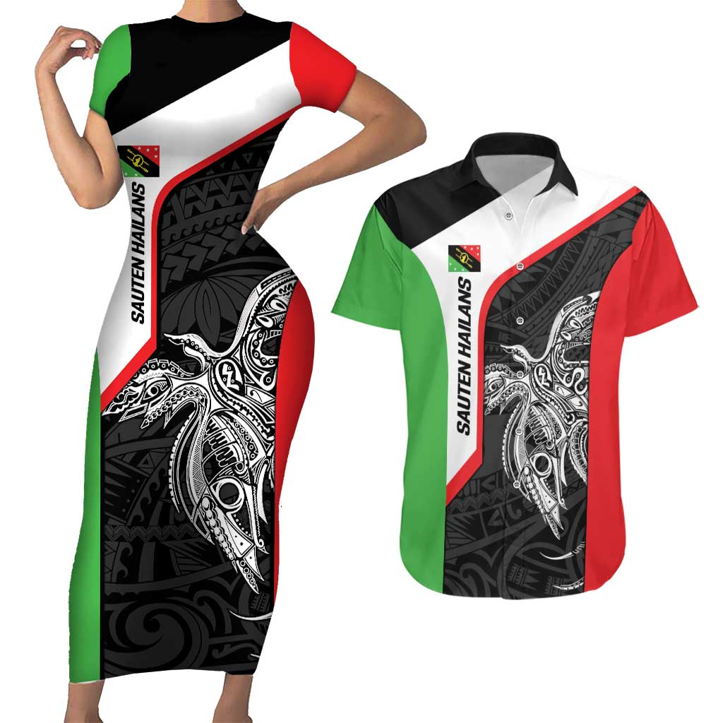 Personalised PNG Southern Highlands Province Couples Matching Short Sleeve Bodycon Dress and Hawaiian Shirt Bird of Paradise Tattoo Flag Motif - Polynesian Pride