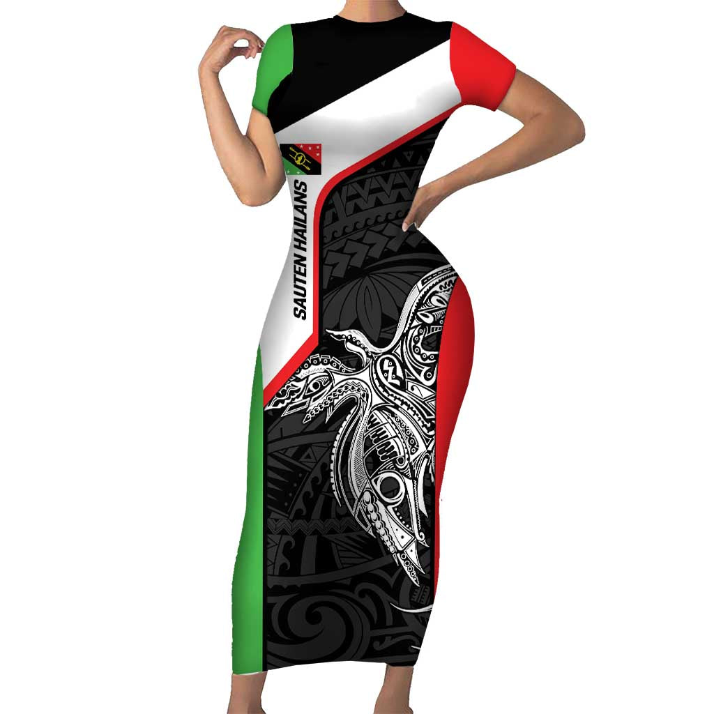 Personalised PNG Southern Highlands Province Family Matching Short Sleeve Bodycon Dress and Hawaiian Shirt Bird of Paradise Tattoo Flag Motif - Polynesian Pride