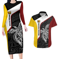 Personalised PNG Western Province Couples Matching Long Sleeve Bodycon Dress and Hawaiian Shirt Bird of Paradise Tattoo Flag Motif - Polynesian Pride