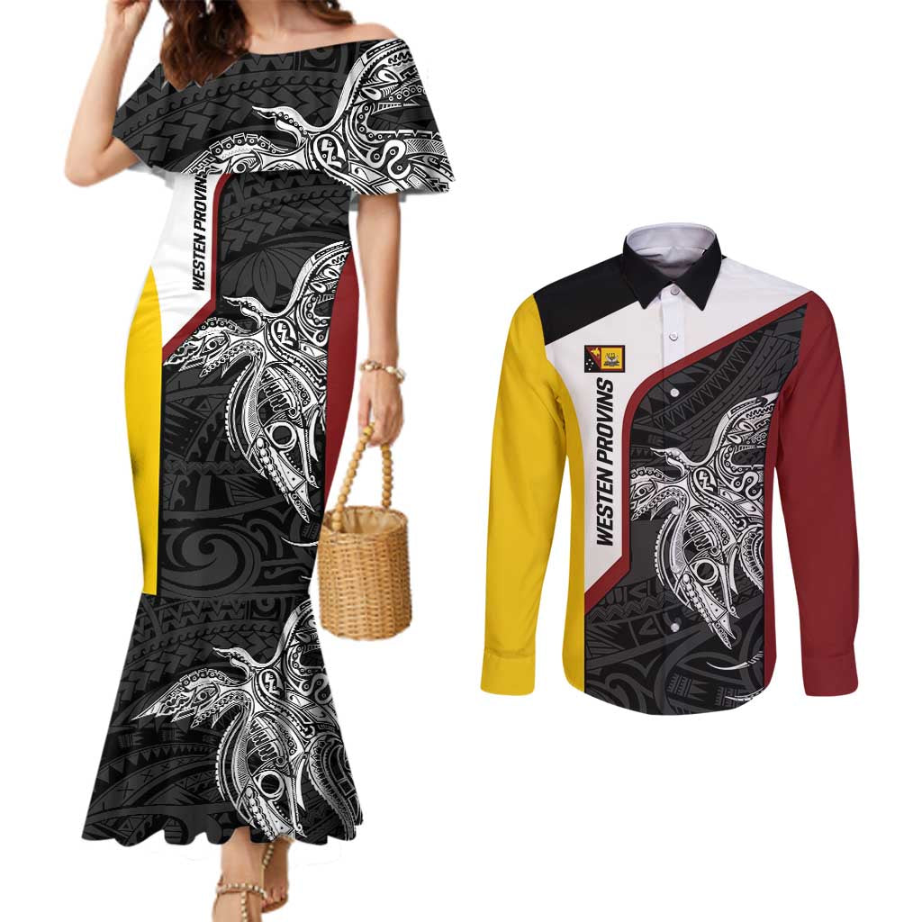 Personalised PNG Western Province Couples Matching Mermaid Dress and Long Sleeve Button Shirt Bird of Paradise Tattoo Flag Motif LT9 Red - Polynesian Pride