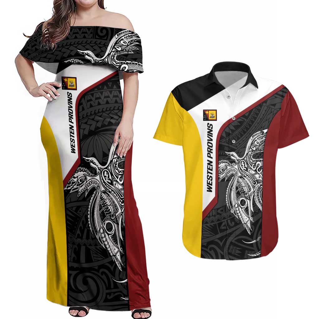 Personalised PNG Western Province Couples Matching Off Shoulder Maxi Dress and Hawaiian Shirt Bird of Paradise Tattoo Flag Motif - Polynesian Pride