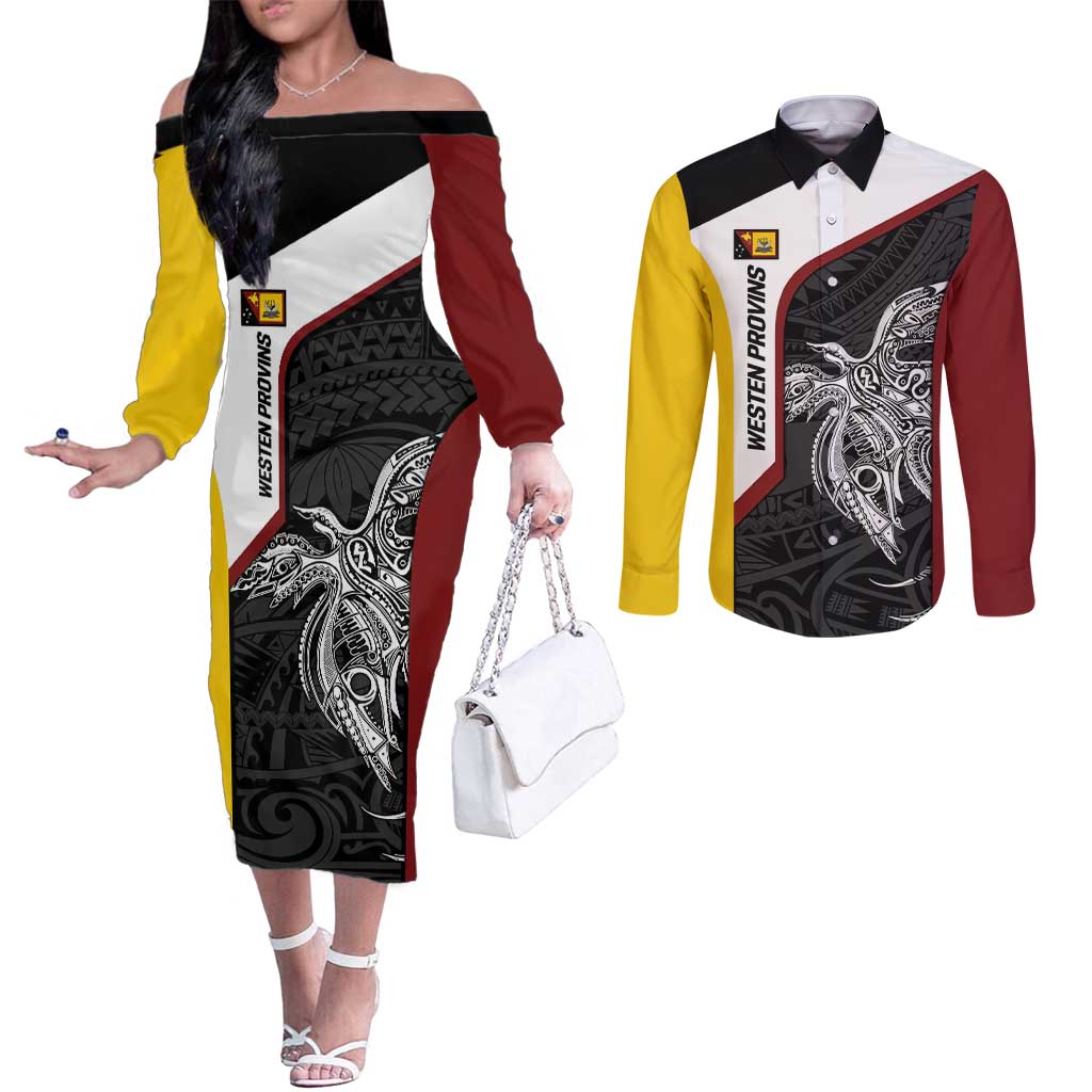 Personalised PNG Western Province Couples Matching Off The Shoulder Long Sleeve Dress and Long Sleeve Button Shirt Bird of Paradise Tattoo Flag Motif - Polynesian Pride