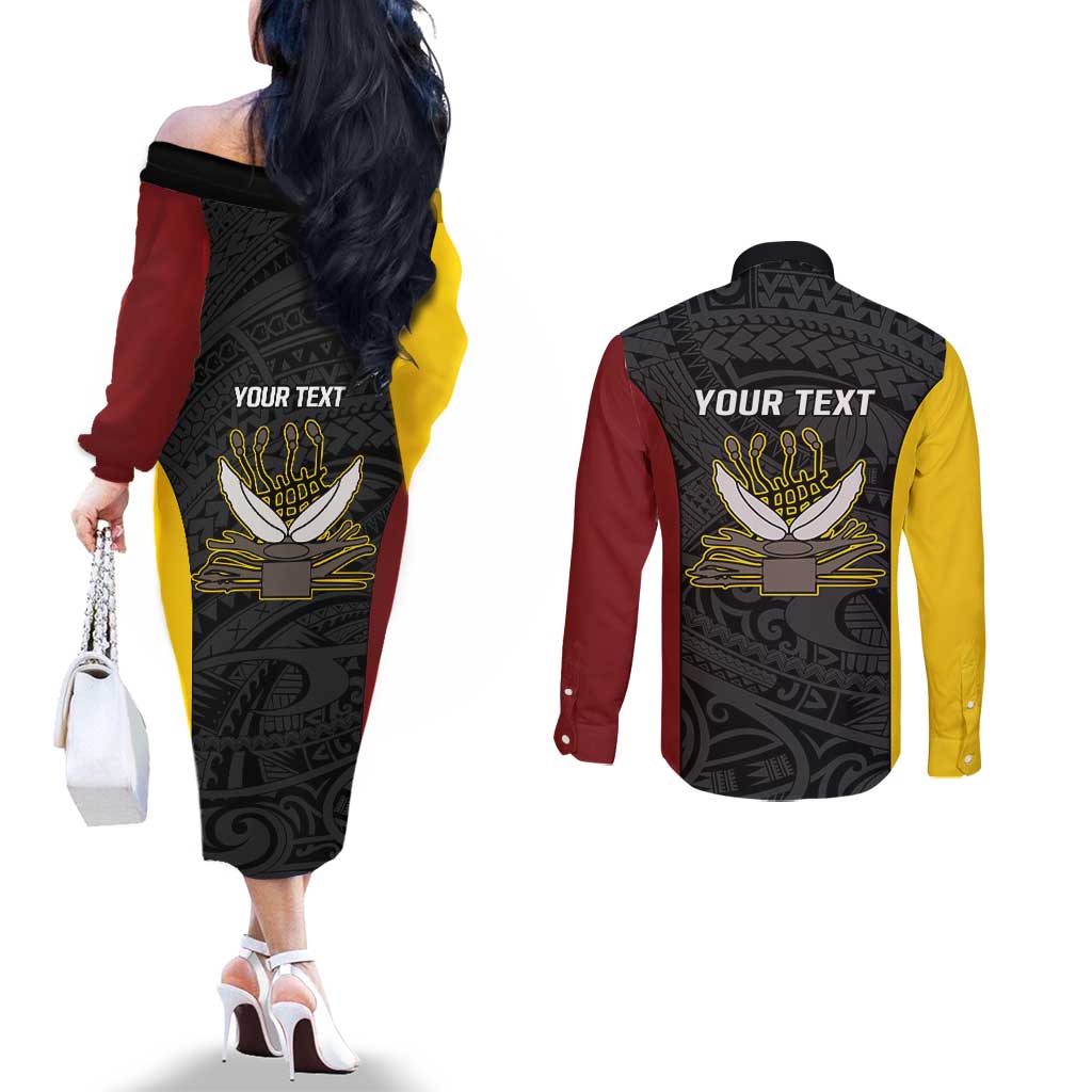 Personalised PNG Western Province Couples Matching Off The Shoulder Long Sleeve Dress and Long Sleeve Button Shirt Bird of Paradise Tattoo Flag Motif - Polynesian Pride