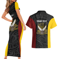 Personalised PNG Western Province Couples Matching Short Sleeve Bodycon Dress and Hawaiian Shirt Bird of Paradise Tattoo Flag Motif - Polynesian Pride
