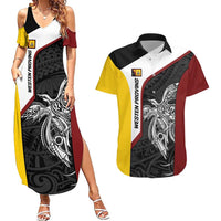 Personalised PNG Western Province Couples Matching Summer Maxi Dress and Hawaiian Shirt Bird of Paradise Tattoo Flag Motif - Polynesian Pride