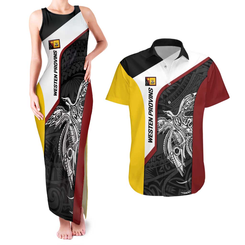 Personalised PNG Western Province Couples Matching Tank Maxi Dress and Hawaiian Shirt Bird of Paradise Tattoo Flag Motif - Polynesian Pride