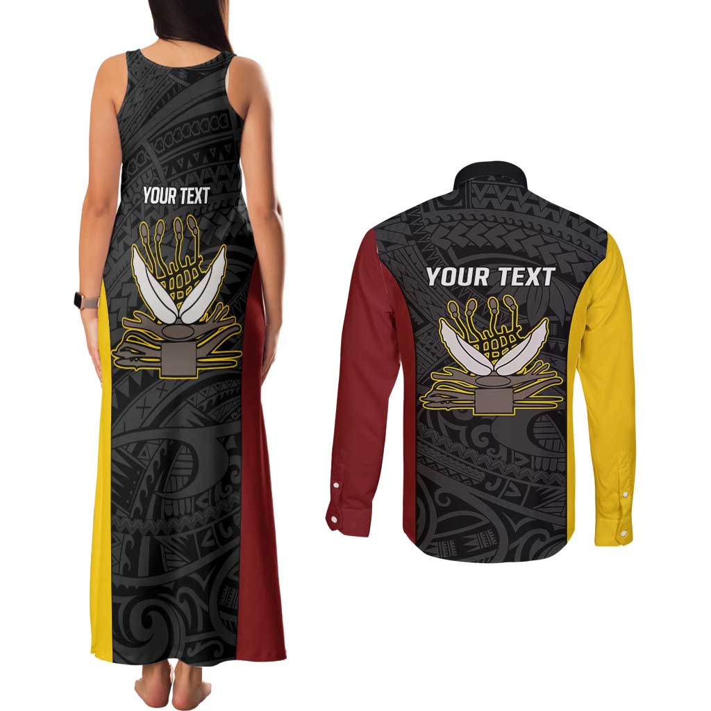 Personalised PNG Western Province Couples Matching Tank Maxi Dress and Long Sleeve Button Shirt Bird of Paradise Tattoo Flag Motif - Polynesian Pride