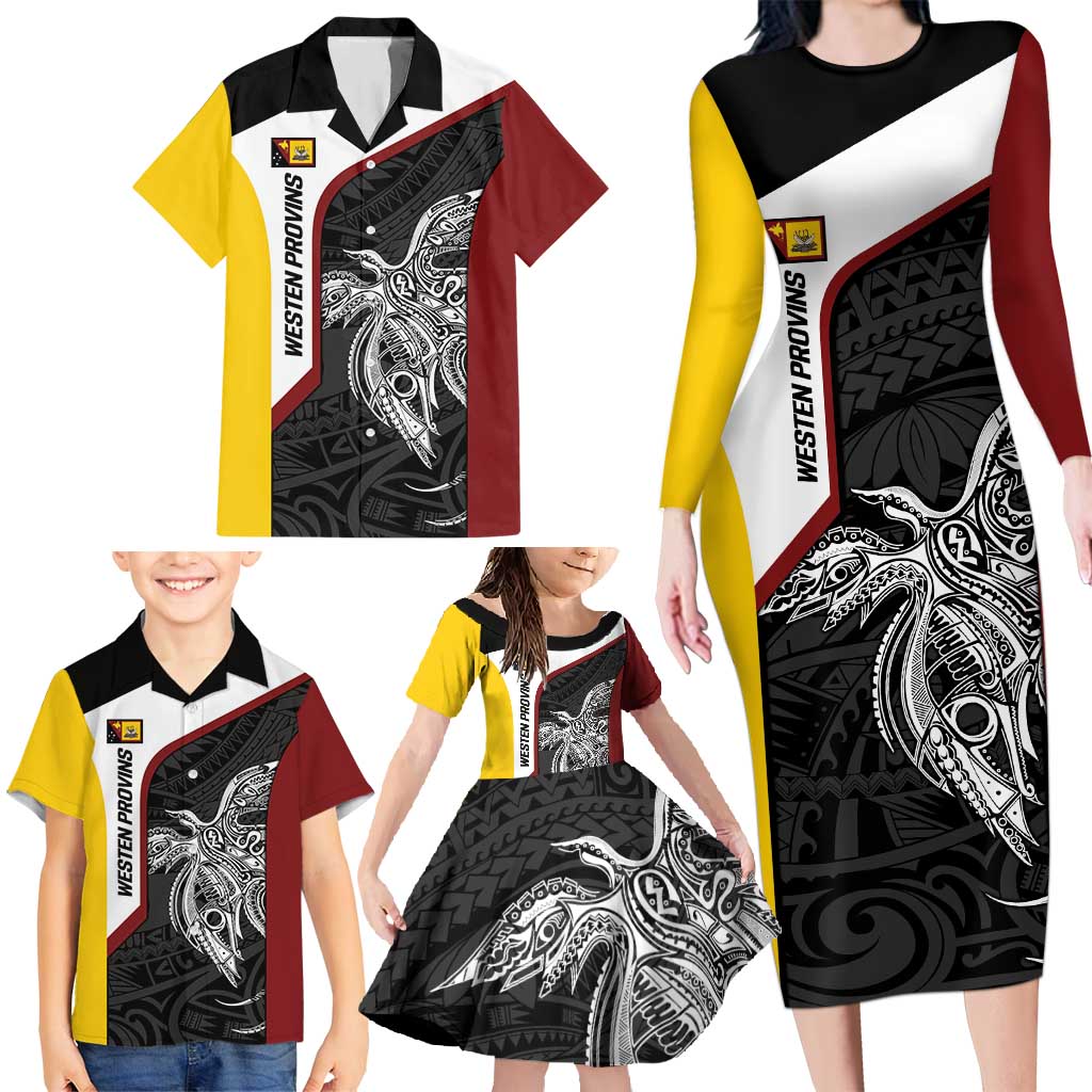 Personalised PNG Western Province Family Matching Long Sleeve Bodycon Dress and Hawaiian Shirt Bird of Paradise Tattoo Flag Motif - Polynesian Pride