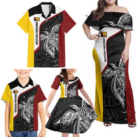 Personalised PNG Western Province Family Matching Off Shoulder Maxi Dress and Hawaiian Shirt Bird of Paradise Tattoo Flag Motif - Polynesian Pride