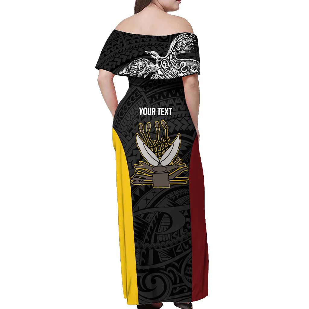 Personalised PNG Western Province Off Shoulder Maxi Dress Bird of Paradise Tattoo Flag Motif - Polynesian Pride