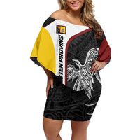 Personalised PNG Western Province Off Shoulder Short Dress Bird of Paradise Tattoo Flag Motif - Polynesian Pride