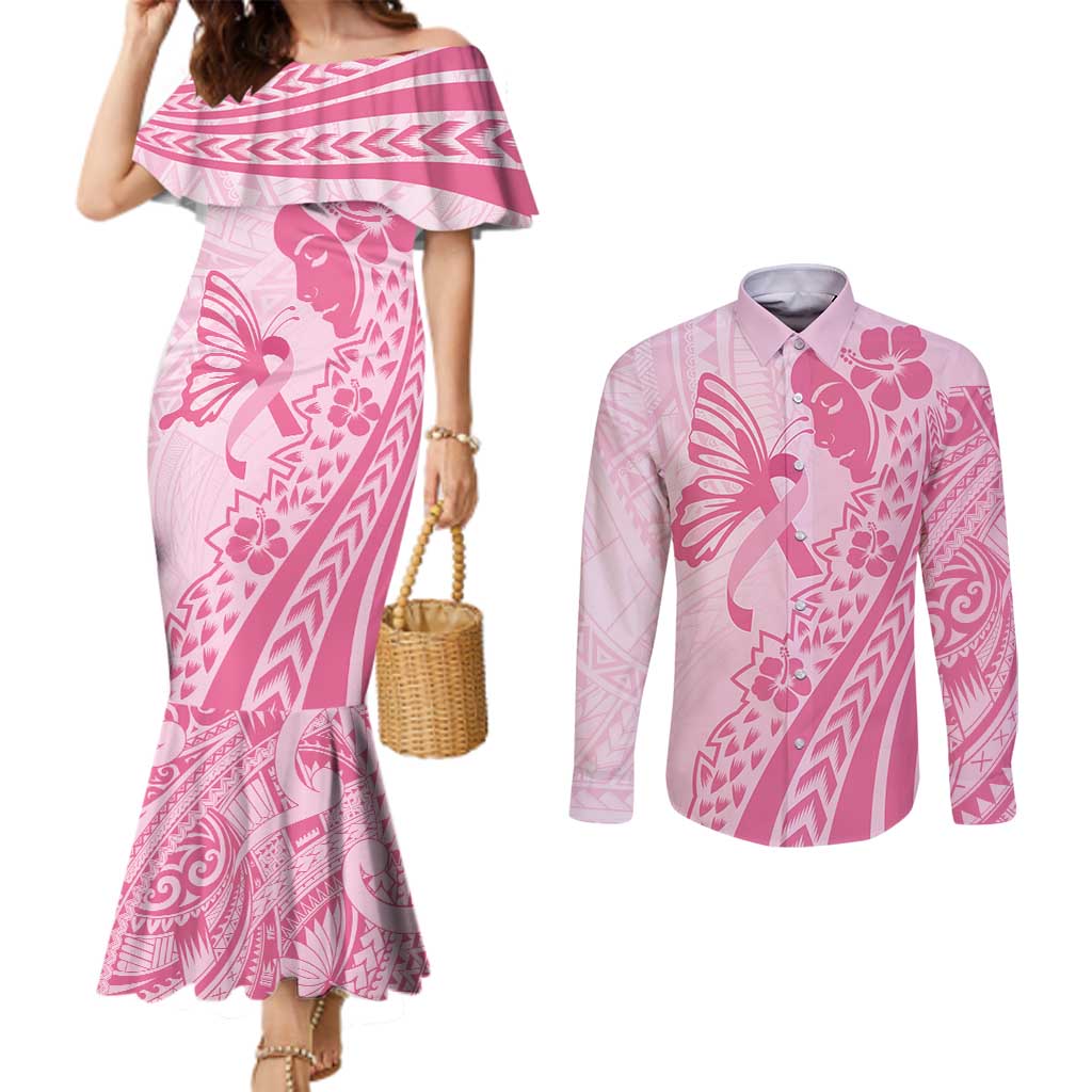 Pacific Girl and Butterfly Cancer Ribbon Personalised Couples Matching Mermaid Dress and Long Sleeve Button Shirt LT9 Pink - Polynesian Pride