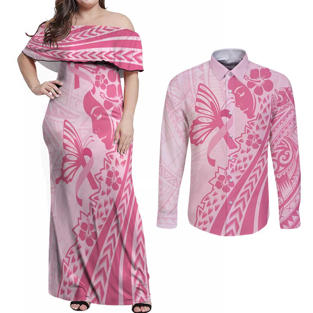 Pacific Girl and Butterfly Cancer Ribbon Personalised Couples Matching Off Shoulder Maxi Dress and Long Sleeve Button Shirt LT9 Pink - Polynesian Pride