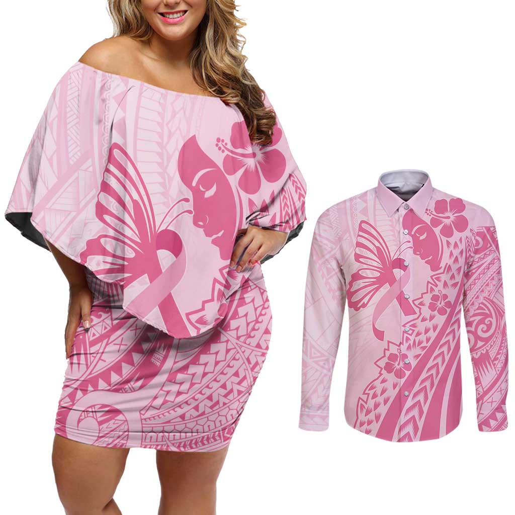 Pacific Girl and Butterfly Cancer Ribbon Personalised Couples Matching Off Shoulder Short Dress and Long Sleeve Button Shirt LT9 Pink - Polynesian Pride