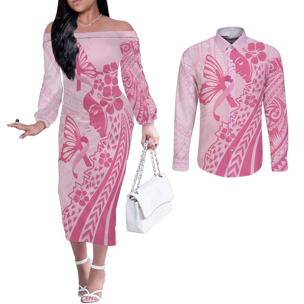 Pacific Girl and Butterfly Cancer Ribbon Personalised Couples Matching Off The Shoulder Long Sleeve Dress and Long Sleeve Button Shirt LT9 Pink - Polynesian Pride