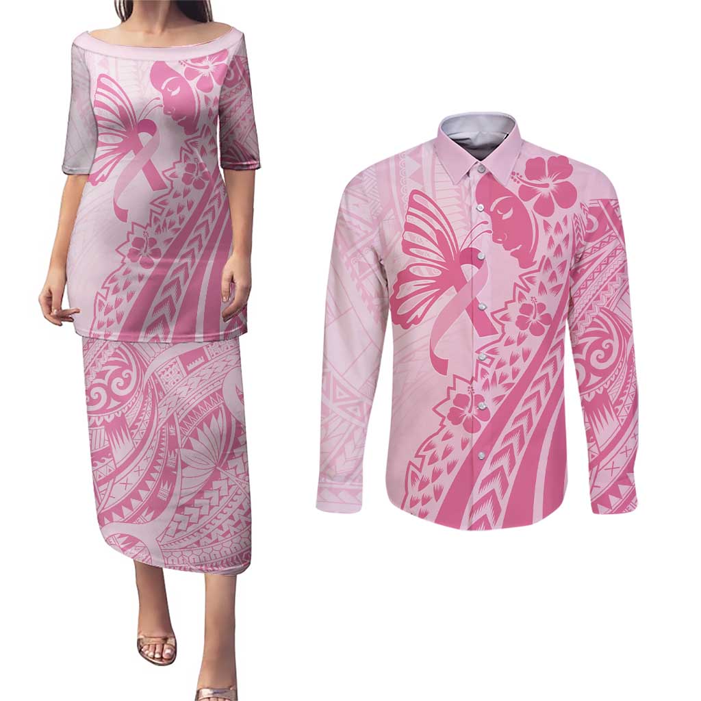 Pacific Girl and Butterfly Cancer Ribbon Personalised Couples Matching Puletasi and Long Sleeve Button Shirt LT9 Pink - Polynesian Pride