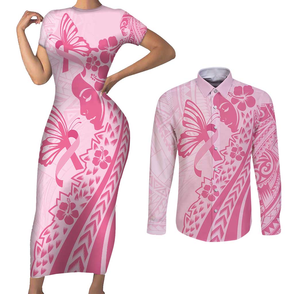Pacific Girl and Butterfly Cancer Ribbon Personalised Couples Matching Short Sleeve Bodycon Dress and Long Sleeve Button Shirt LT9 Pink - Polynesian Pride