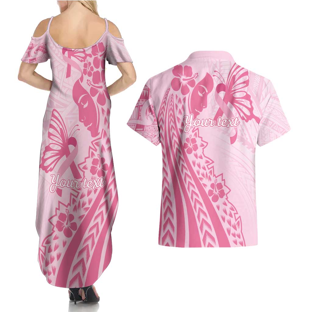 Pacific Girl and Butterfly Cancer Ribbon Personalised Couples Matching Summer Maxi Dress and Hawaiian Shirt