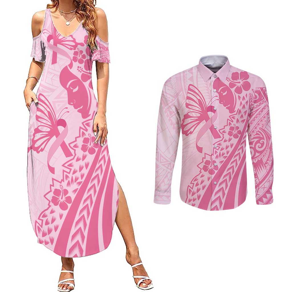 Pacific Girl and Butterfly Cancer Ribbon Personalised Couples Matching Summer Maxi Dress and Long Sleeve Button Shirt LT9 Pink - Polynesian Pride