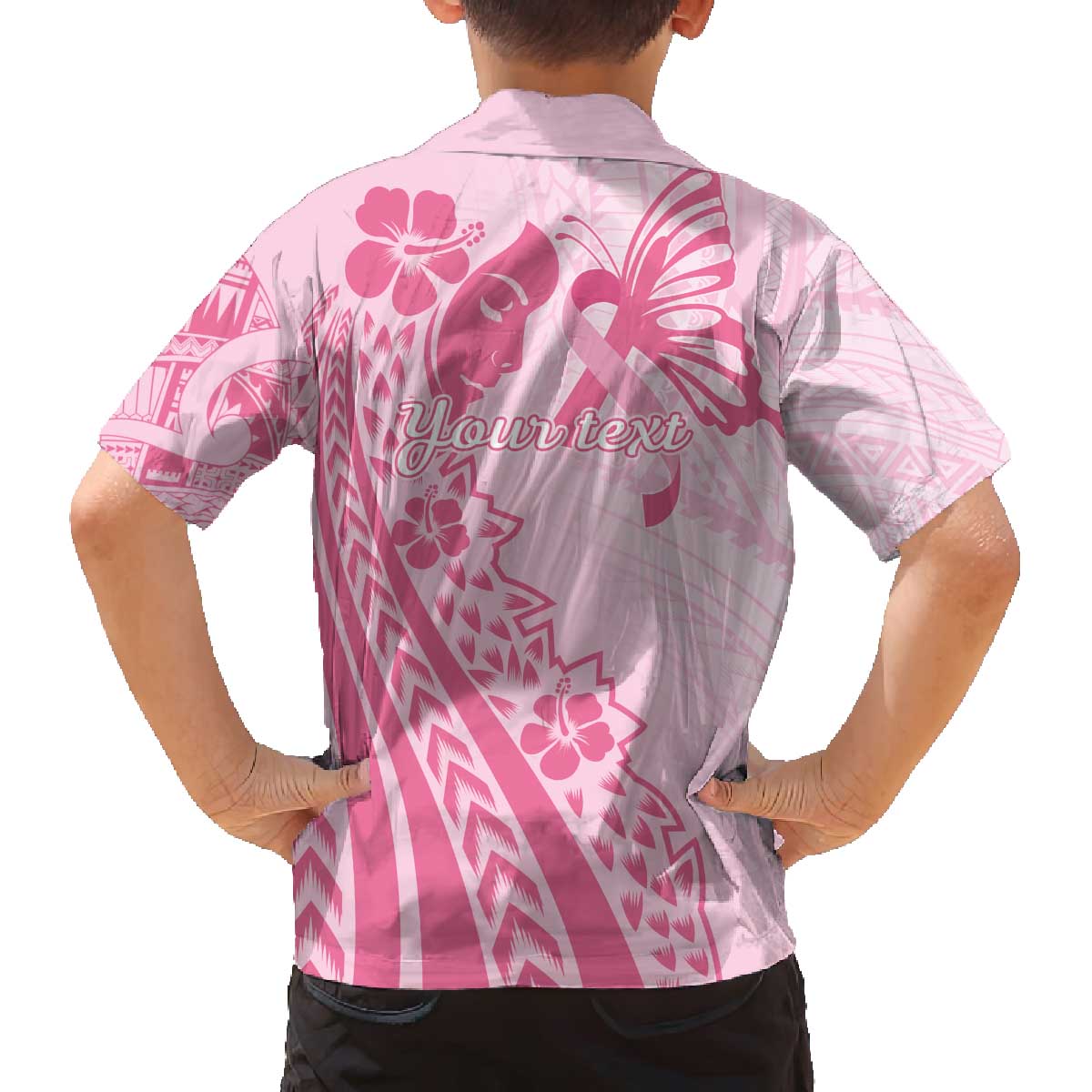 Pacific Girl and Butterfly Cancer Ribbon Personalised Family Matching Off The Shoulder Long Sleeve Dress and Hawaiian Shirt LT9 - Polynesian Pride