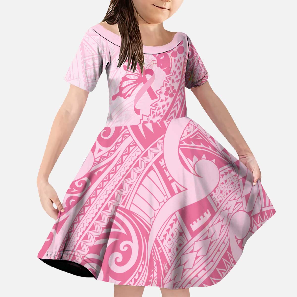 Pacific Girl and Butterfly Cancer Ribbon Personalised Family Matching Off The Shoulder Long Sleeve Dress and Hawaiian Shirt LT9 Daughter's Dress Pink - Polynesian Pride