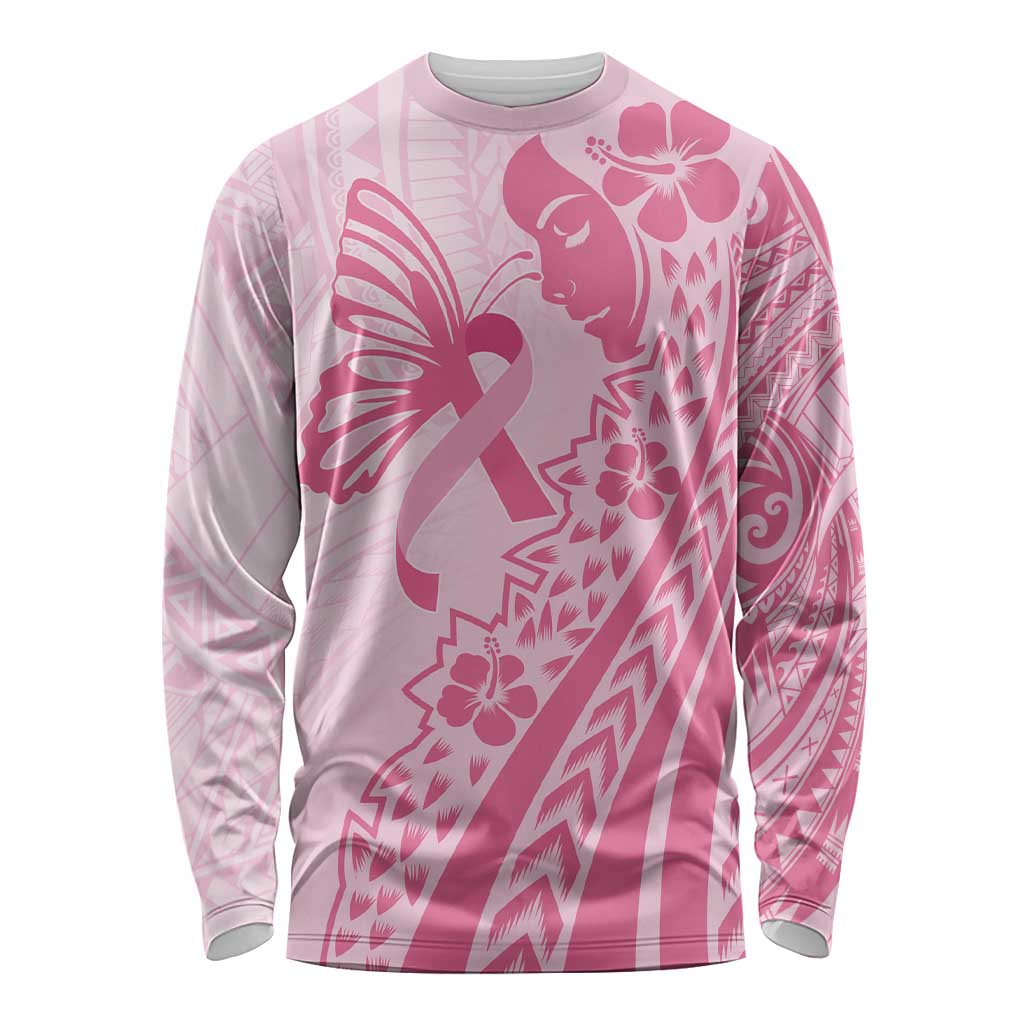 Pacific Girl and Butterfly Cancer Ribbon Personalised Long Sleeve Shirt LT9 Unisex Pink - Polynesian Pride