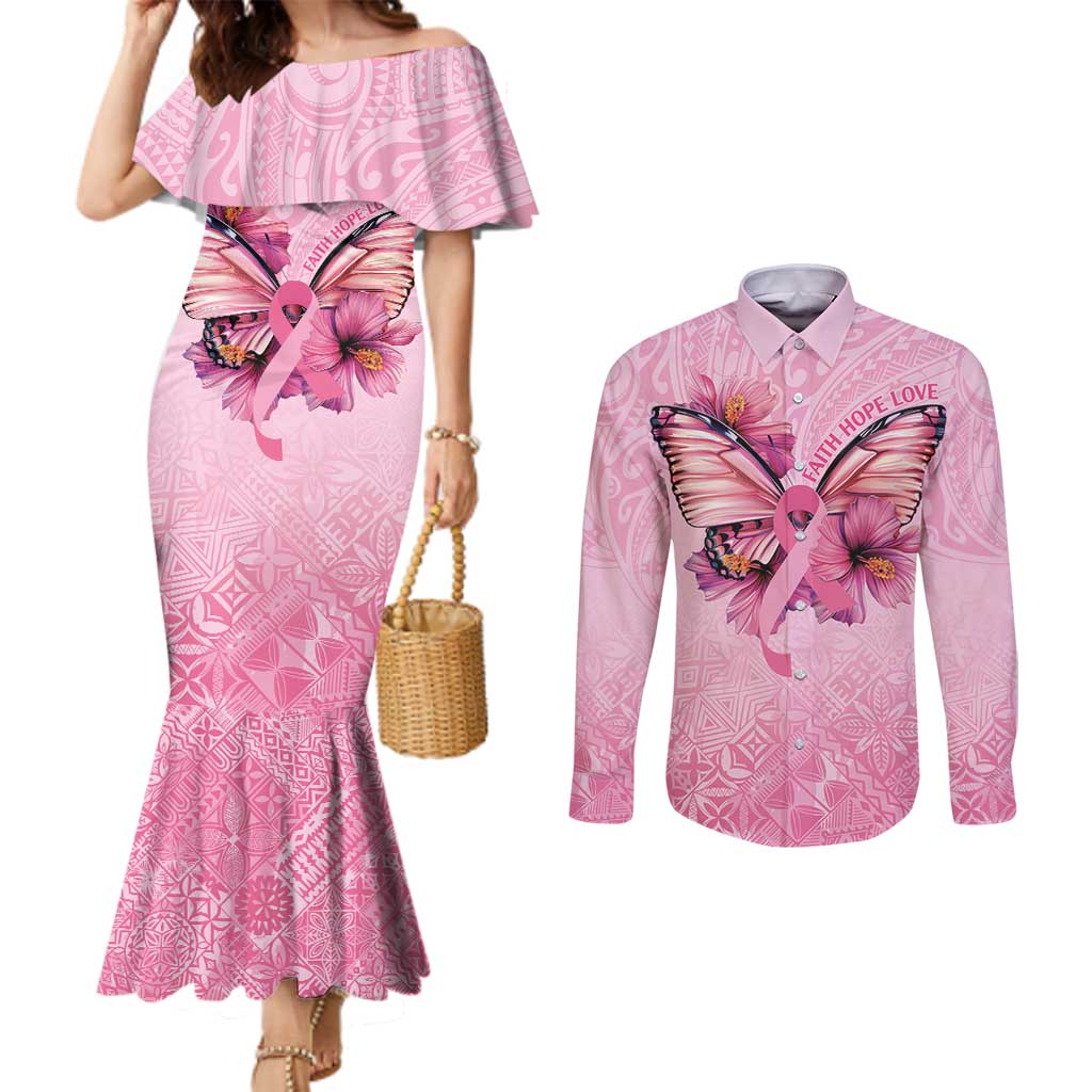 Faith Hope Love Butterfly Ribbon Personalised Couples Matching Mermaid Dress and Long Sleeve Button Shirt LT9 Pink - Polynesian Pride