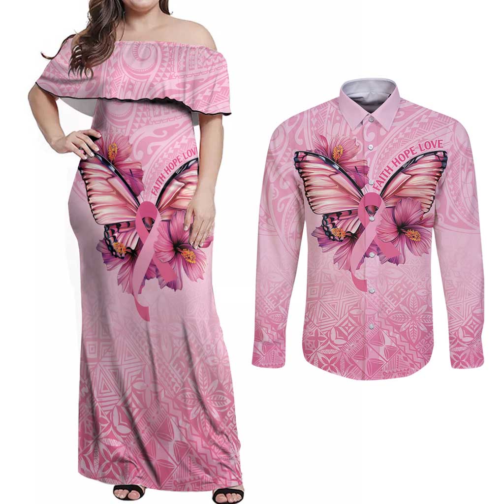 Faith Hope Love Butterfly Ribbon Personalised Couples Matching Off Shoulder Maxi Dress and Long Sleeve Button Shirt LT9 Pink - Polynesian Pride