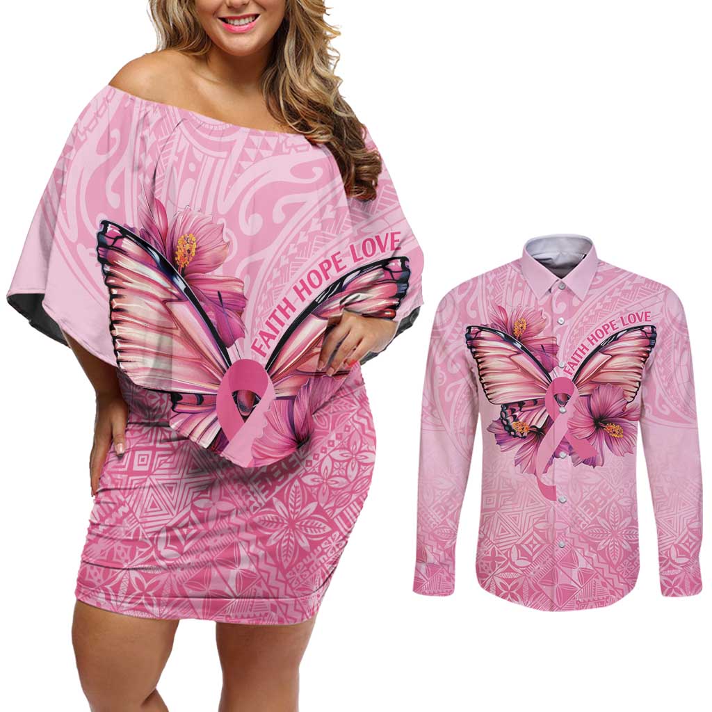 Faith Hope Love Butterfly Ribbon Personalised Couples Matching Off Shoulder Short Dress and Long Sleeve Button Shirt LT9 Pink - Polynesian Pride