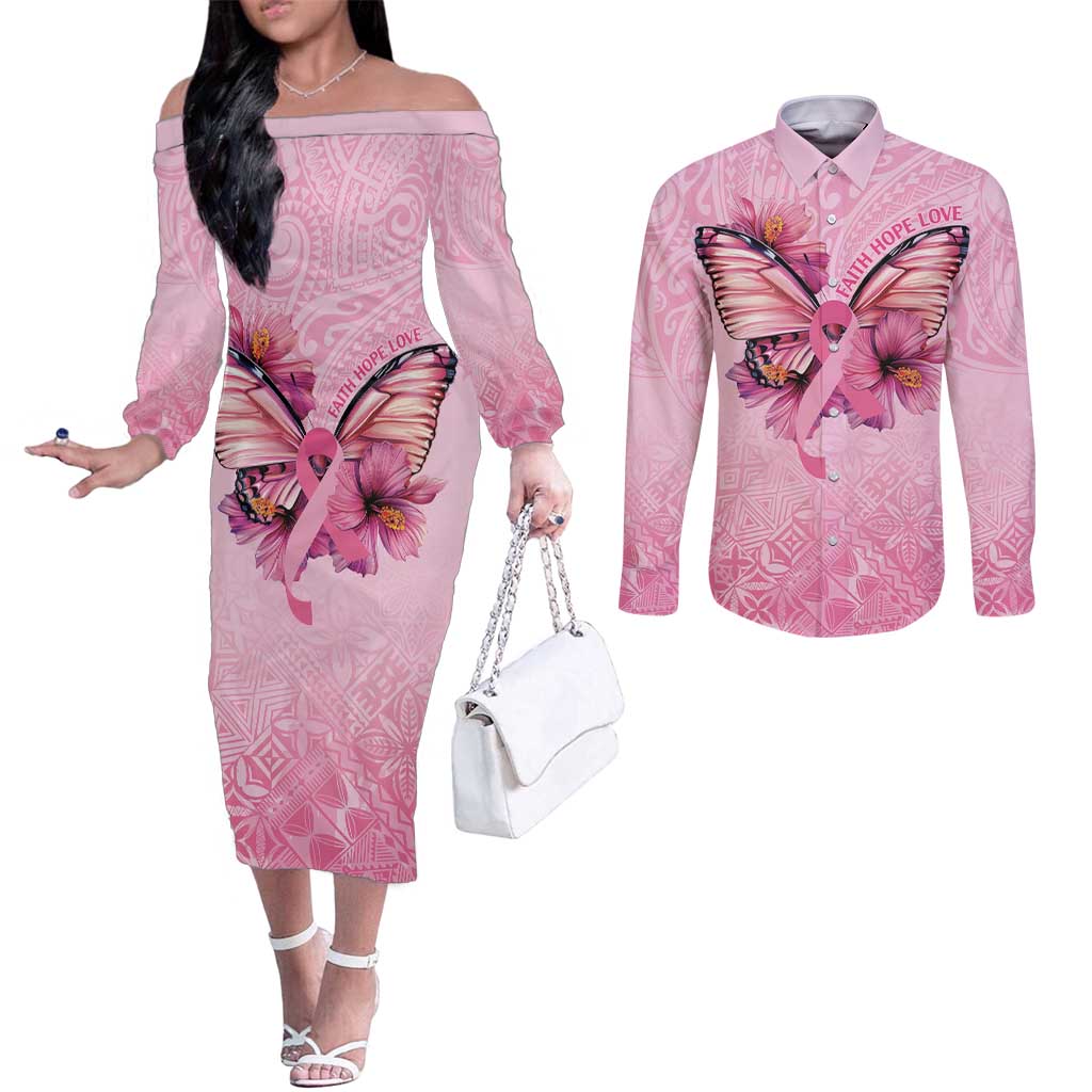 Faith Hope Love Butterfly Ribbon Personalised Couples Matching Off The Shoulder Long Sleeve Dress and Long Sleeve Button Shirt LT9 Pink - Polynesian Pride