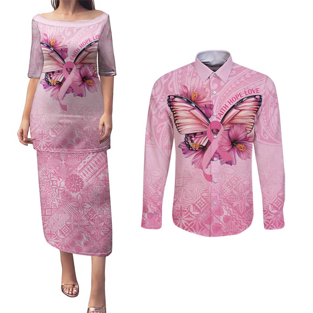 Faith Hope Love Butterfly Ribbon Personalised Couples Matching Puletasi and Long Sleeve Button Shirt LT9 Pink - Polynesian Pride
