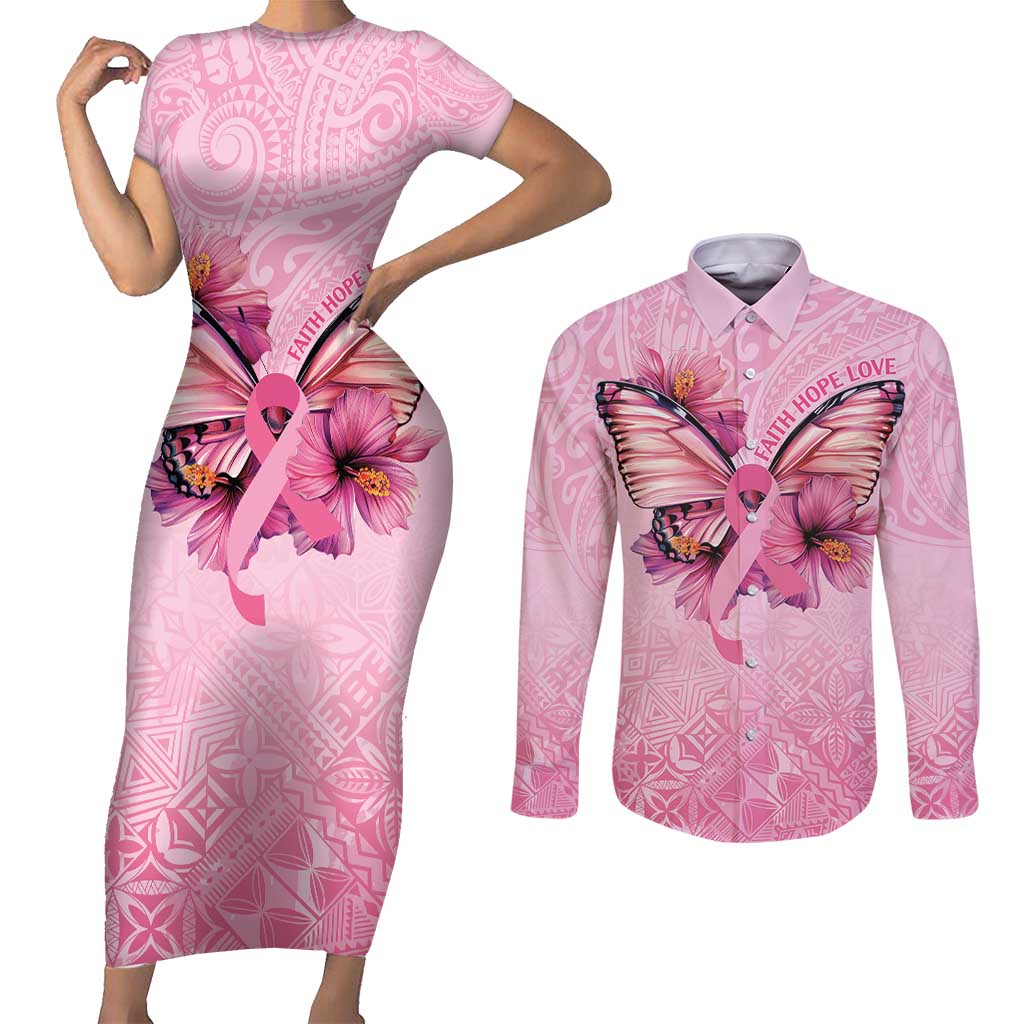 Faith Hope Love Butterfly Ribbon Personalised Couples Matching Short Sleeve Bodycon Dress and Long Sleeve Button Shirt LT9 Pink - Polynesian Pride