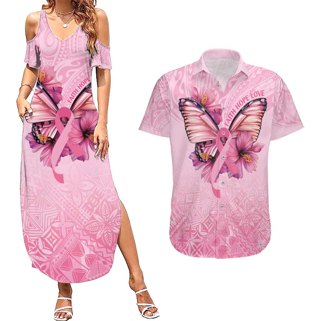 Faith Hope Love Butterfly Ribbon Personalised Couples Matching Summer Maxi Dress and Hawaiian Shirt