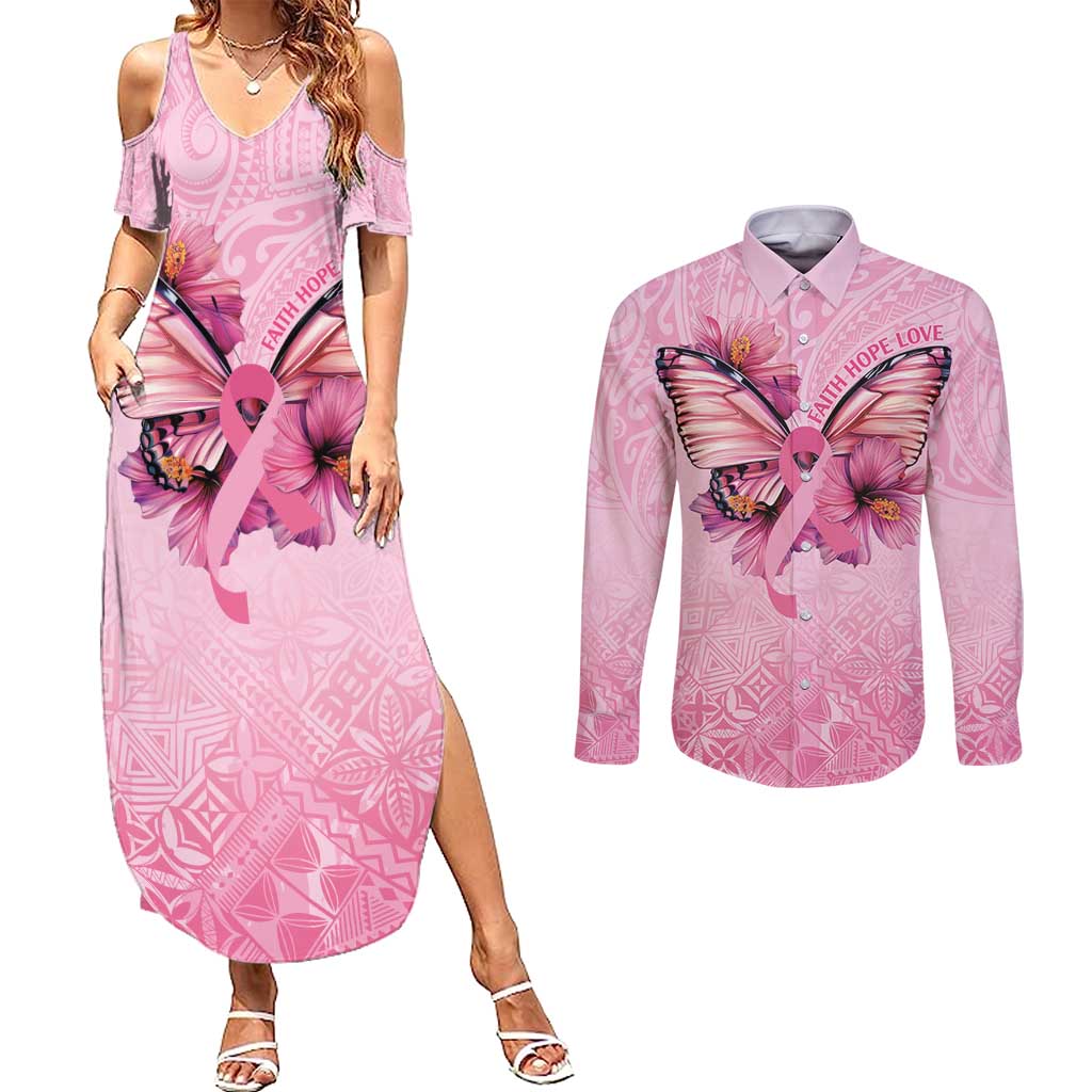 Faith Hope Love Butterfly Ribbon Personalised Couples Matching Summer Maxi Dress and Long Sleeve Button Shirt LT9 Pink - Polynesian Pride