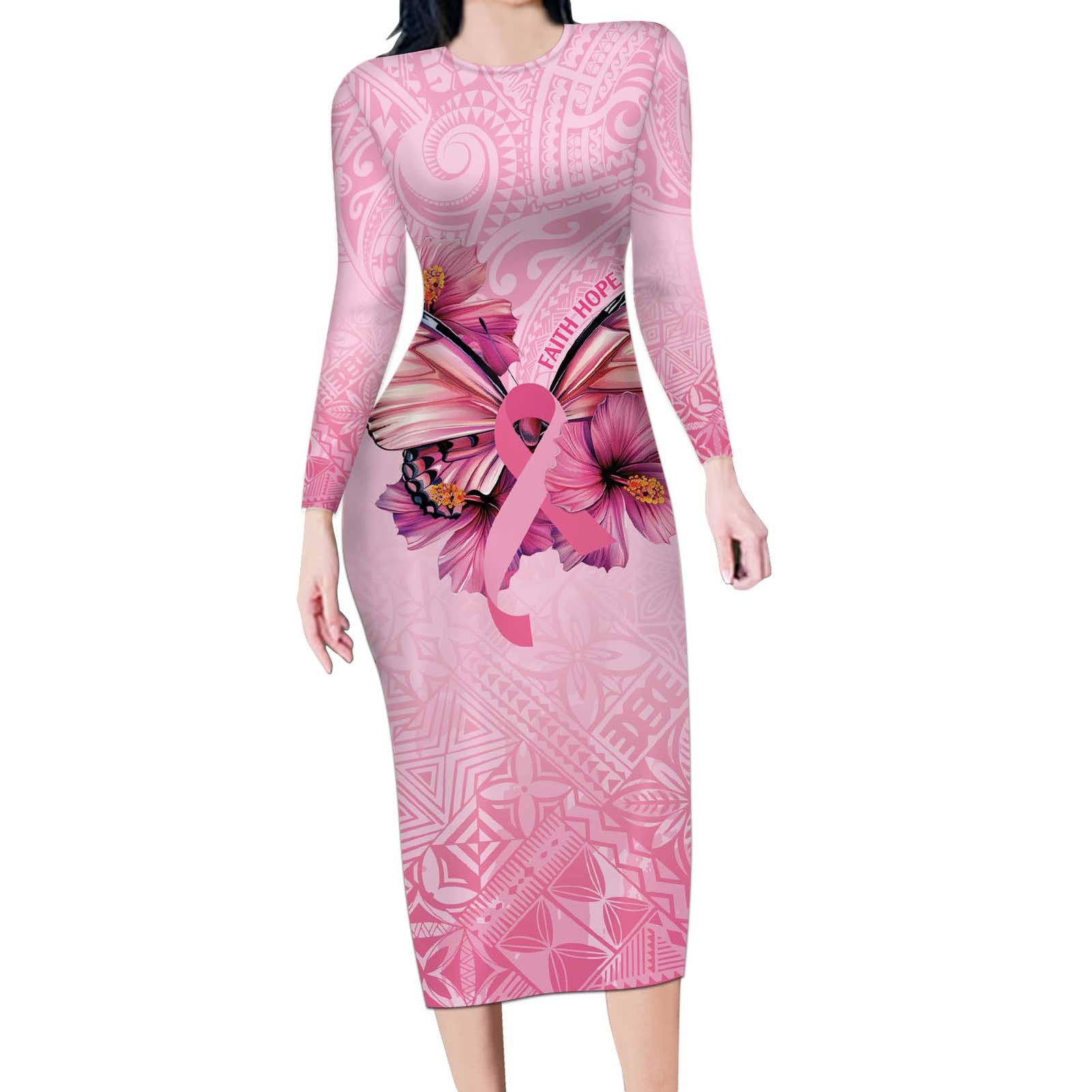 Faith Hope Love Butterfly Ribbon Personalised Long Sleeve Bodycon Dress LT9 Long Dress Pink - Polynesian Pride