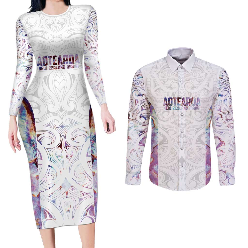 Custom New Zealand Aotearoa Couples Matching Long Sleeve Bodycon Dress and Long Sleeve Button Shirt Pink Maori Paua Shell Indigenous - Polynesian Pride