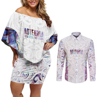 Custom New Zealand Aotearoa Couples Matching Off Shoulder Short Dress and Long Sleeve Button Shirt Pink Maori Paua Shell Indigenous - Polynesian Pride