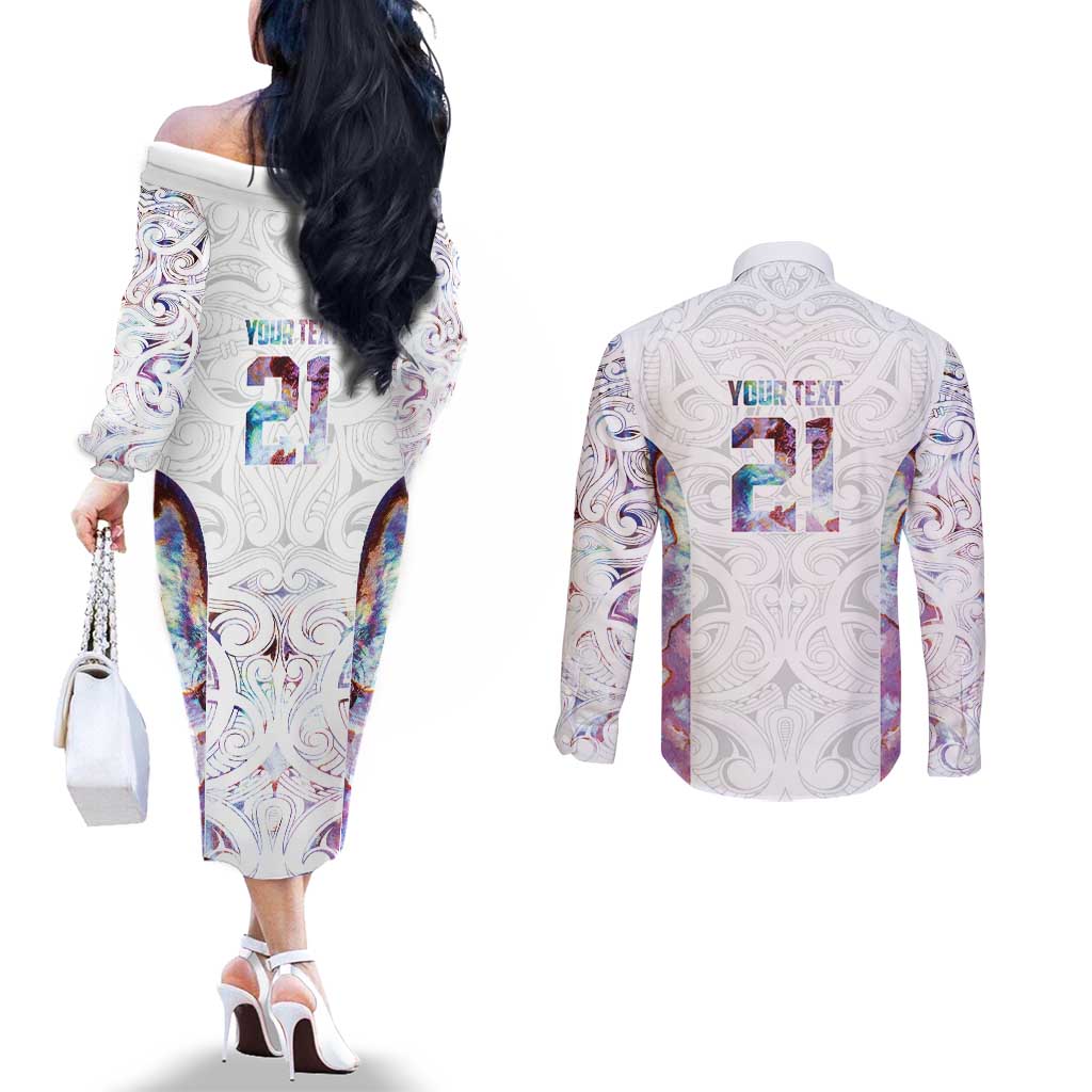 Custom New Zealand Aotearoa Couples Matching Off The Shoulder Long Sleeve Dress and Long Sleeve Button Shirt Pink Maori Paua Shell Indigenous - Polynesian Pride
