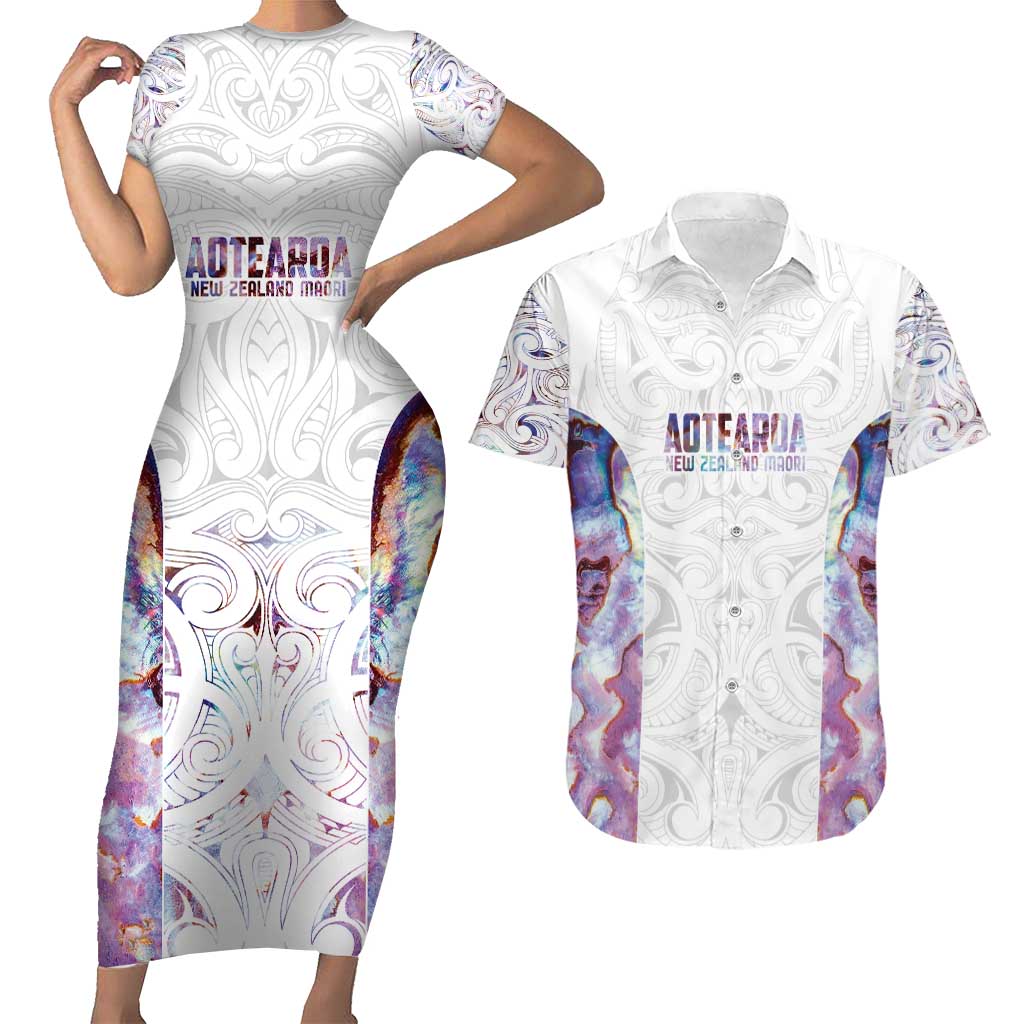 Custom New Zealand Aotearoa Couples Matching Short Sleeve Bodycon Dress and Hawaiian Shirt Pink Maori Paua Shell Indigenous - Polynesian Pride