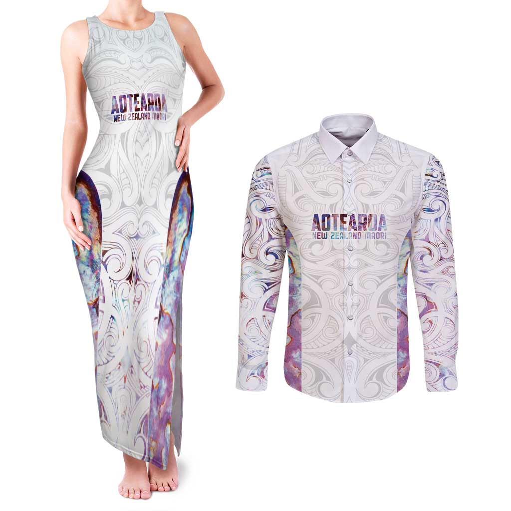 Custom New Zealand Aotearoa Couples Matching Tank Maxi Dress and Long Sleeve Button Shirt Pink Maori Paua Shell Indigenous - Polynesian Pride