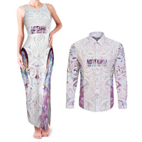 Custom New Zealand Aotearoa Couples Matching Tank Maxi Dress and Long Sleeve Button Shirt Pink Maori Paua Shell Indigenous - Polynesian Pride