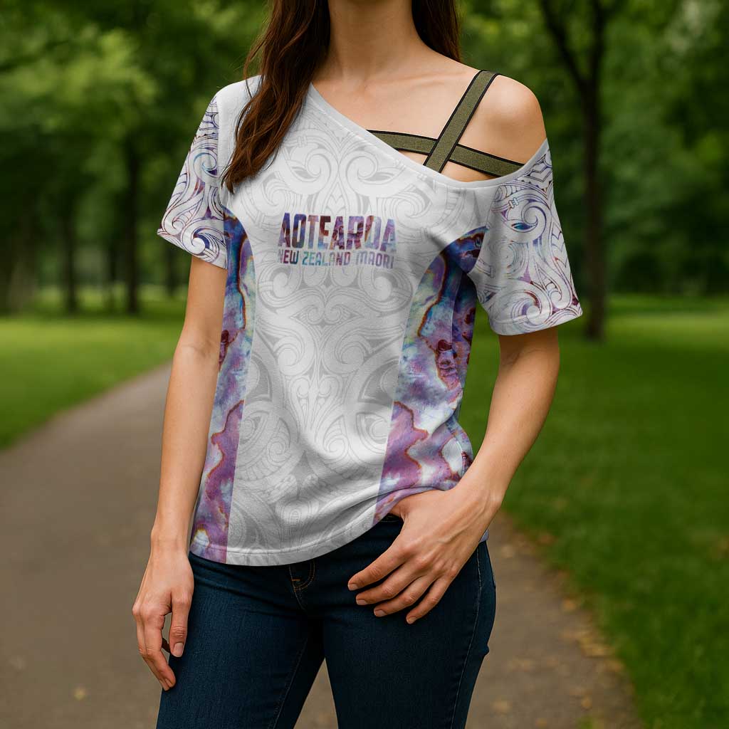 Custom New Zealand Aotearoa Cross Shoulder Shirt Pink Maori Paua Shell Indigenous - Polynesian Pride