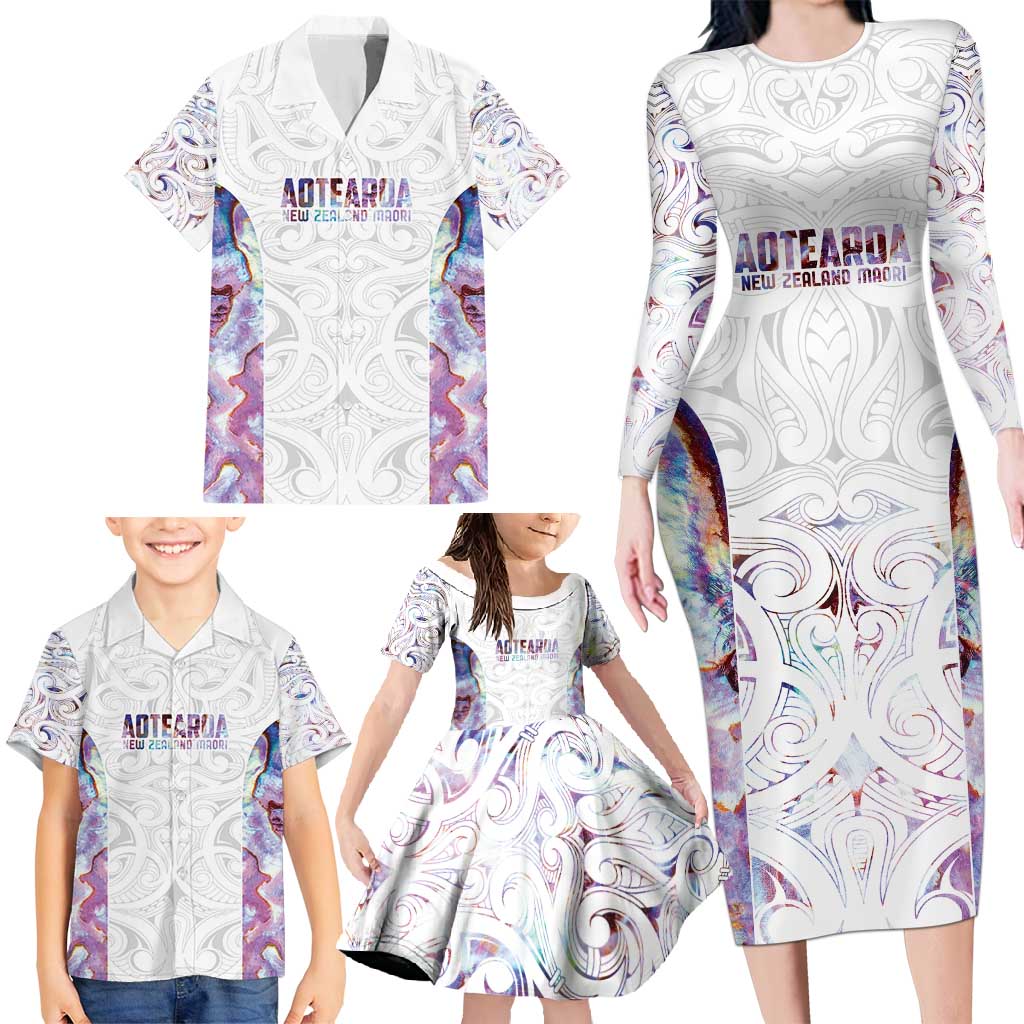 Custom New Zealand Aotearoa Family Matching Long Sleeve Bodycon Dress and Hawaiian Shirt Pink Maori Paua Shell Indigenous - Polynesian Pride