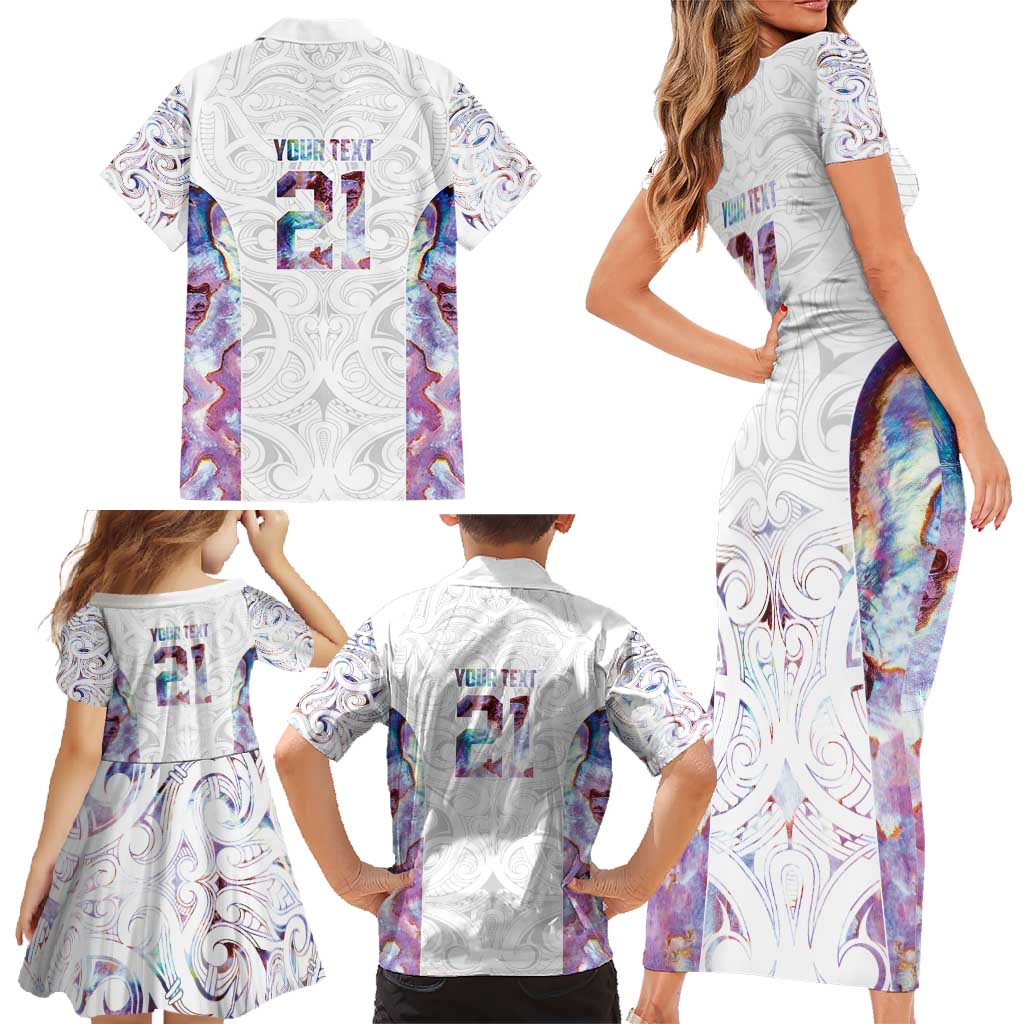 Custom New Zealand Aotearoa Family Matching Short Sleeve Bodycon Dress and Hawaiian Shirt Pink Maori Paua Shell Indigenous - Polynesian Pride